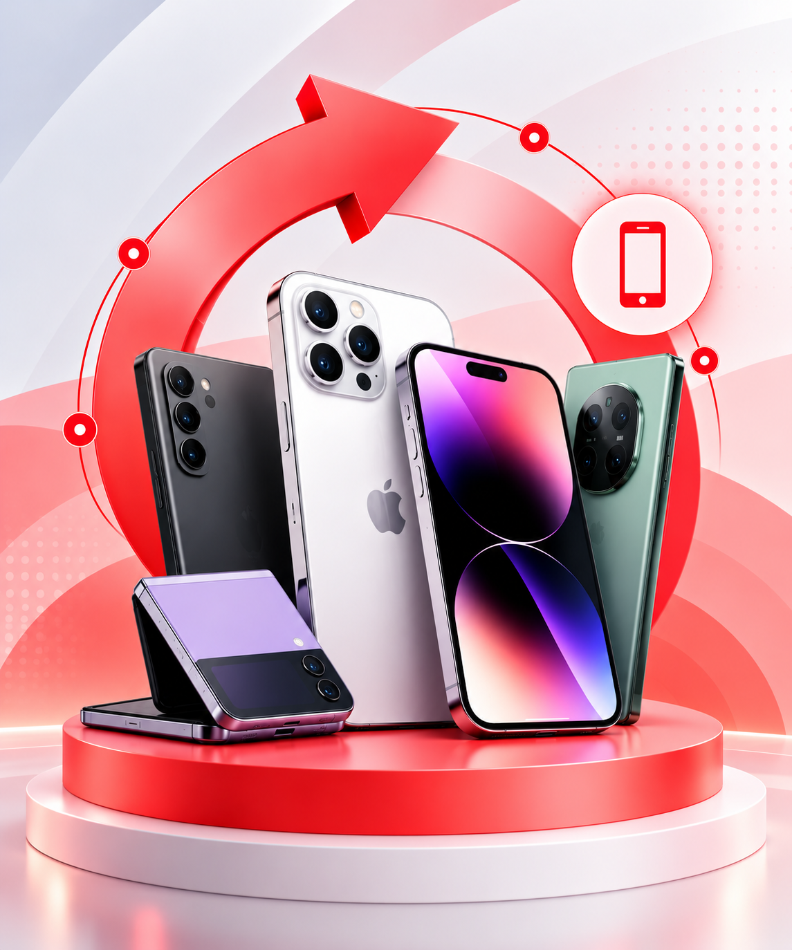 modern smartphone showcase with red arrow